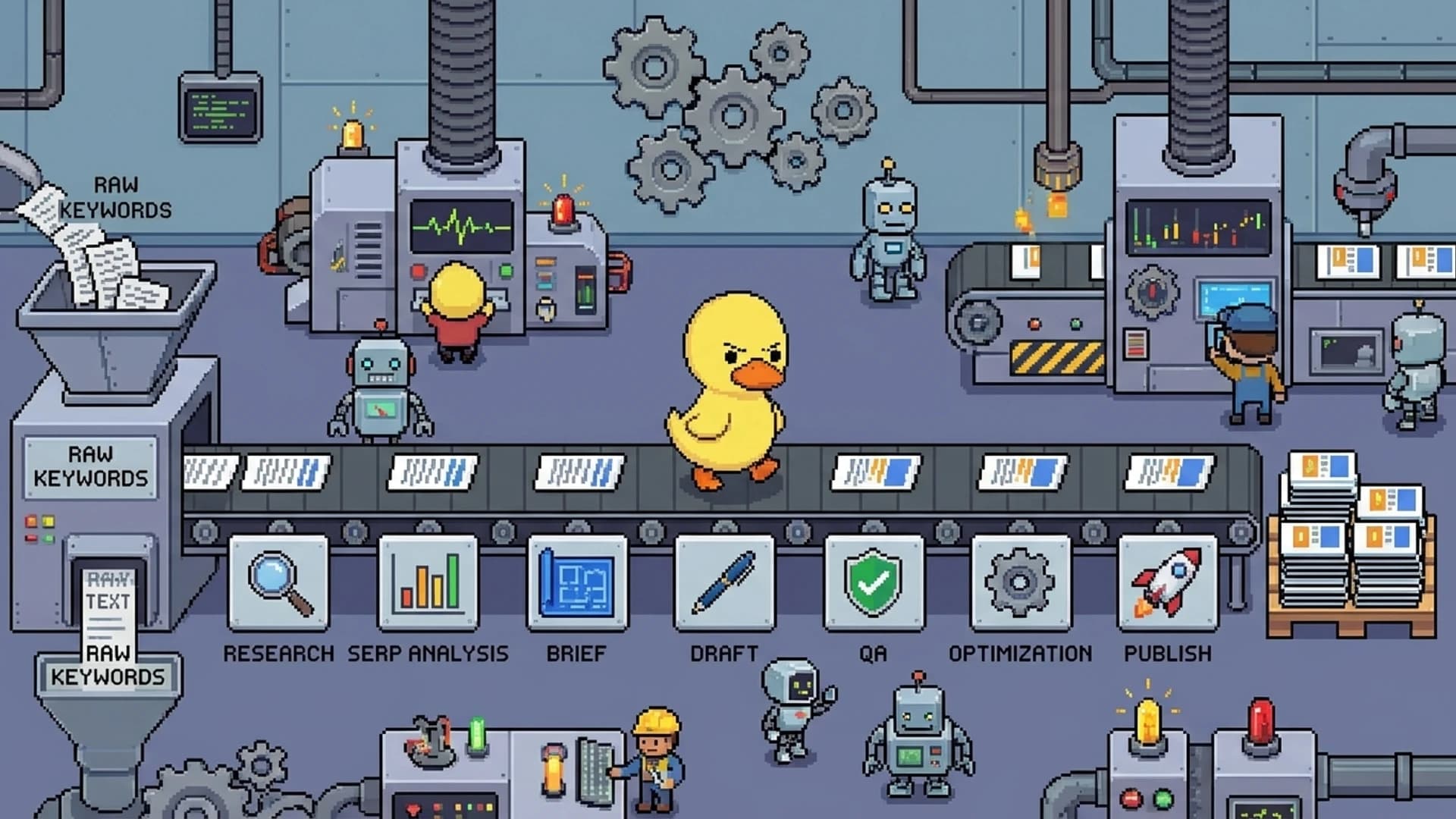 Duck overseeing a seven-step factory assembly line converting raw keywords into published articles