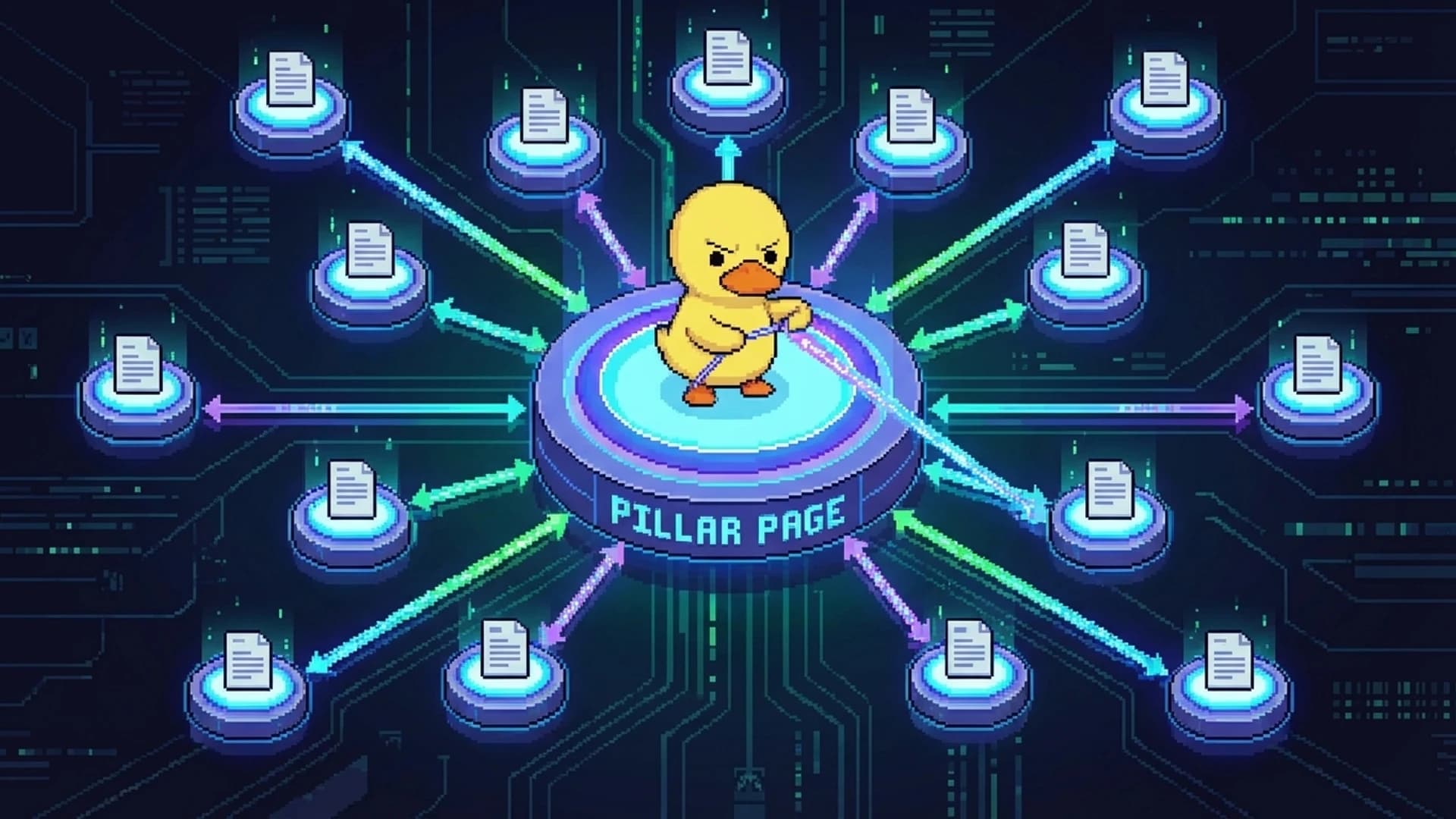 Network diagram showing a central pillar page connected to fifteen supporting articles with bidirectional links