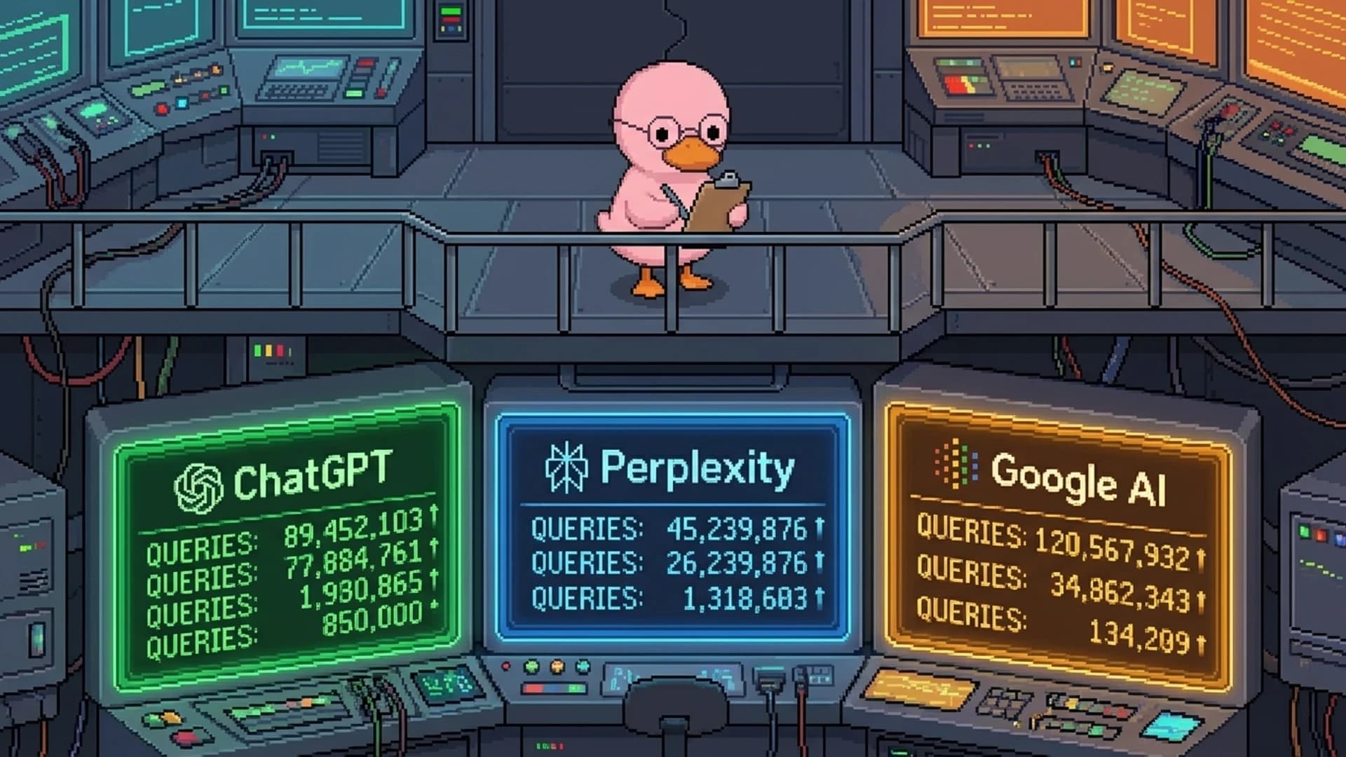 Duck surveying a futuristic dashboard showing ChatGPT Perplexity and Google AI search platforms