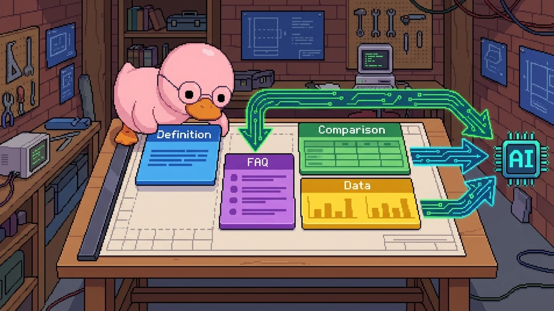 Duck arranging content blocks into structured templates optimized for AI extraction