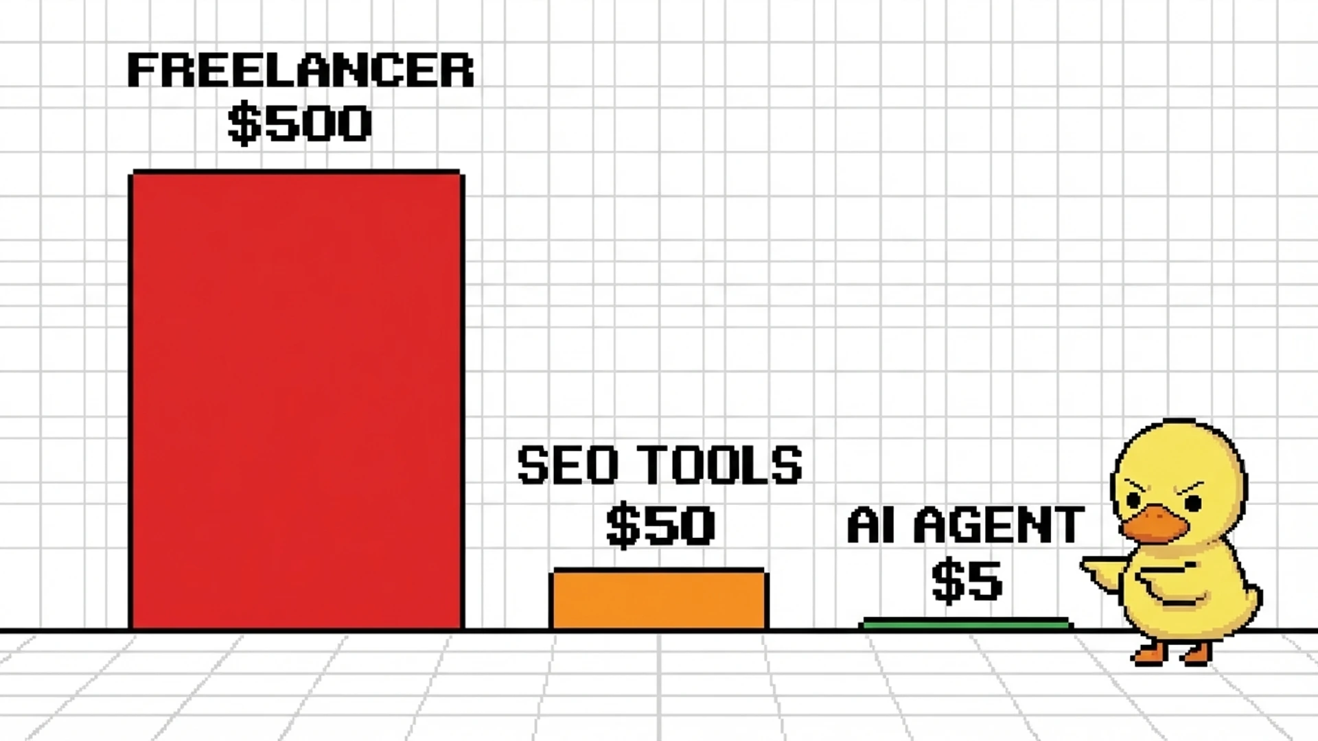 Bar chart comparing cost per article across freelancers SEO tools and autonomous agents with dramatic differences