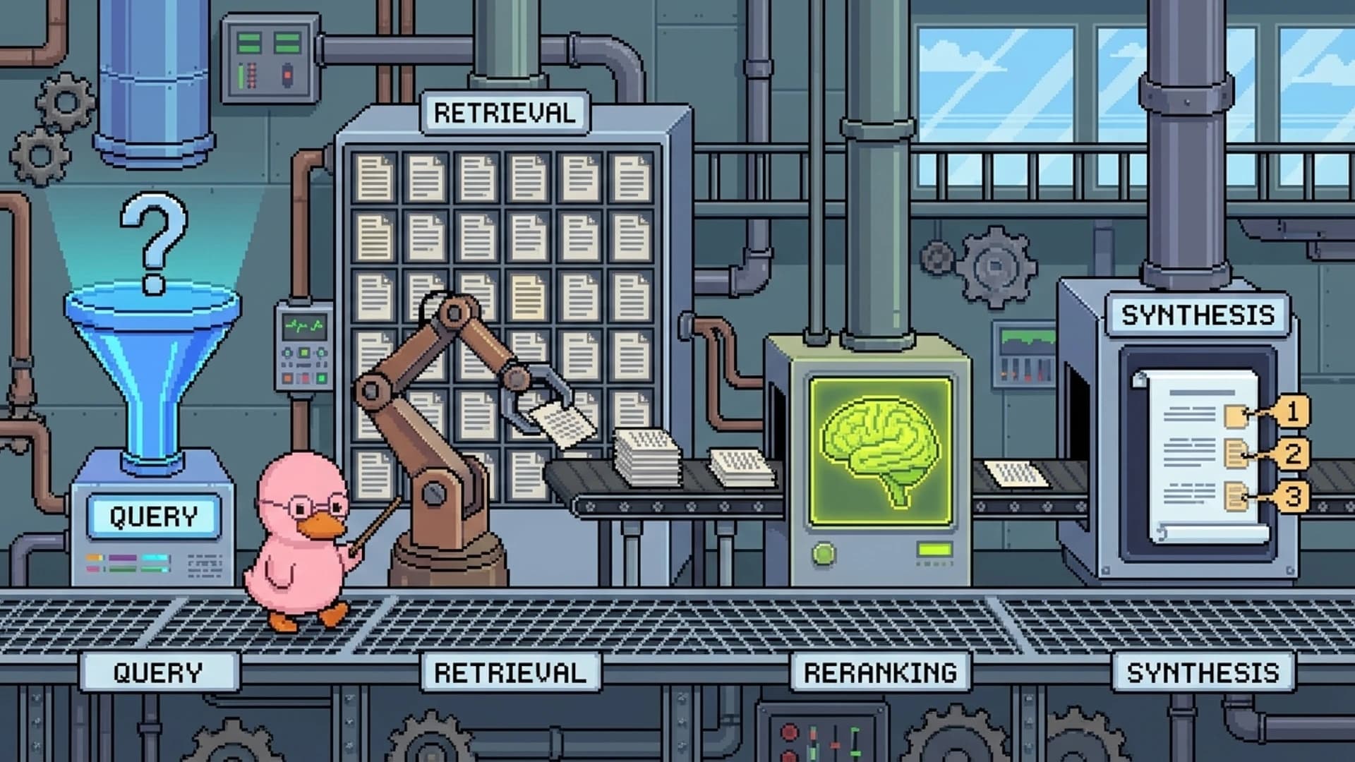 Diagram showing the four stages of a RAG pipeline from query to citation with a duck guiding the flow