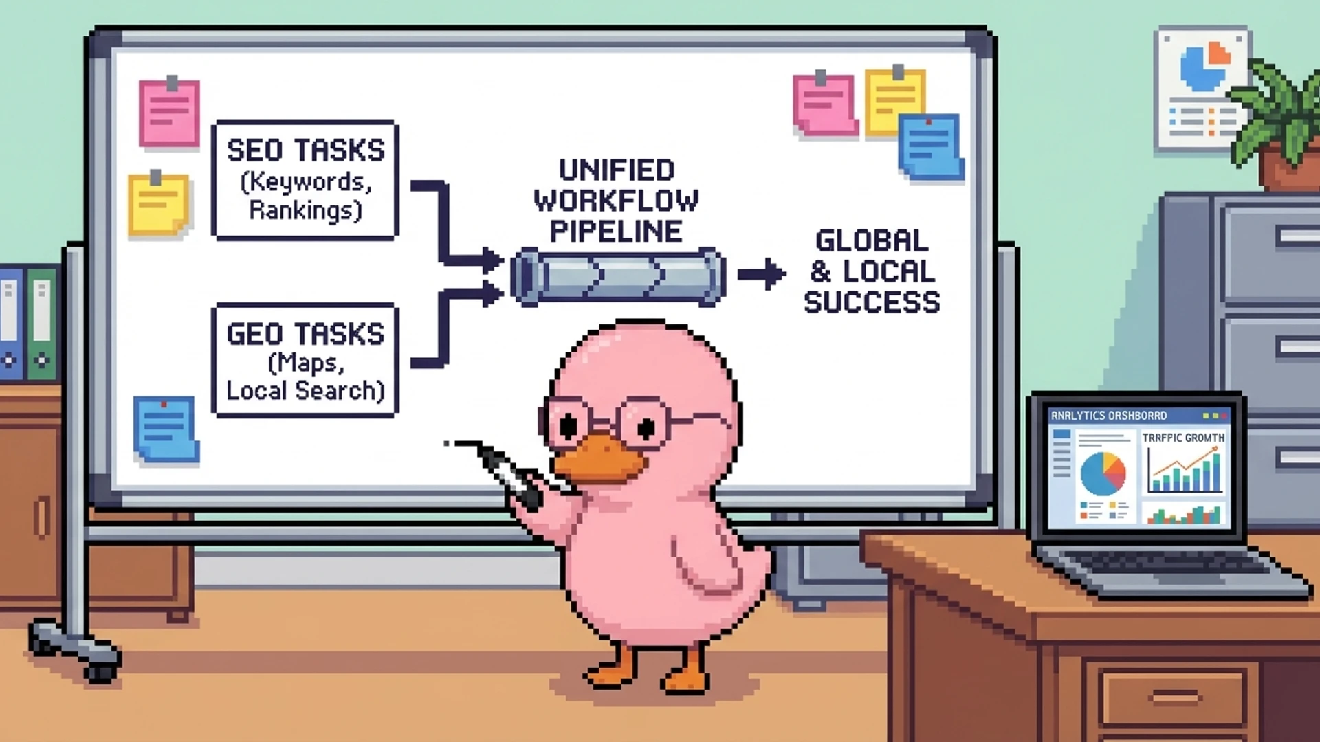 Duck drawing a unified workflow diagram connecting SEO and GEO tasks on a whiteboard