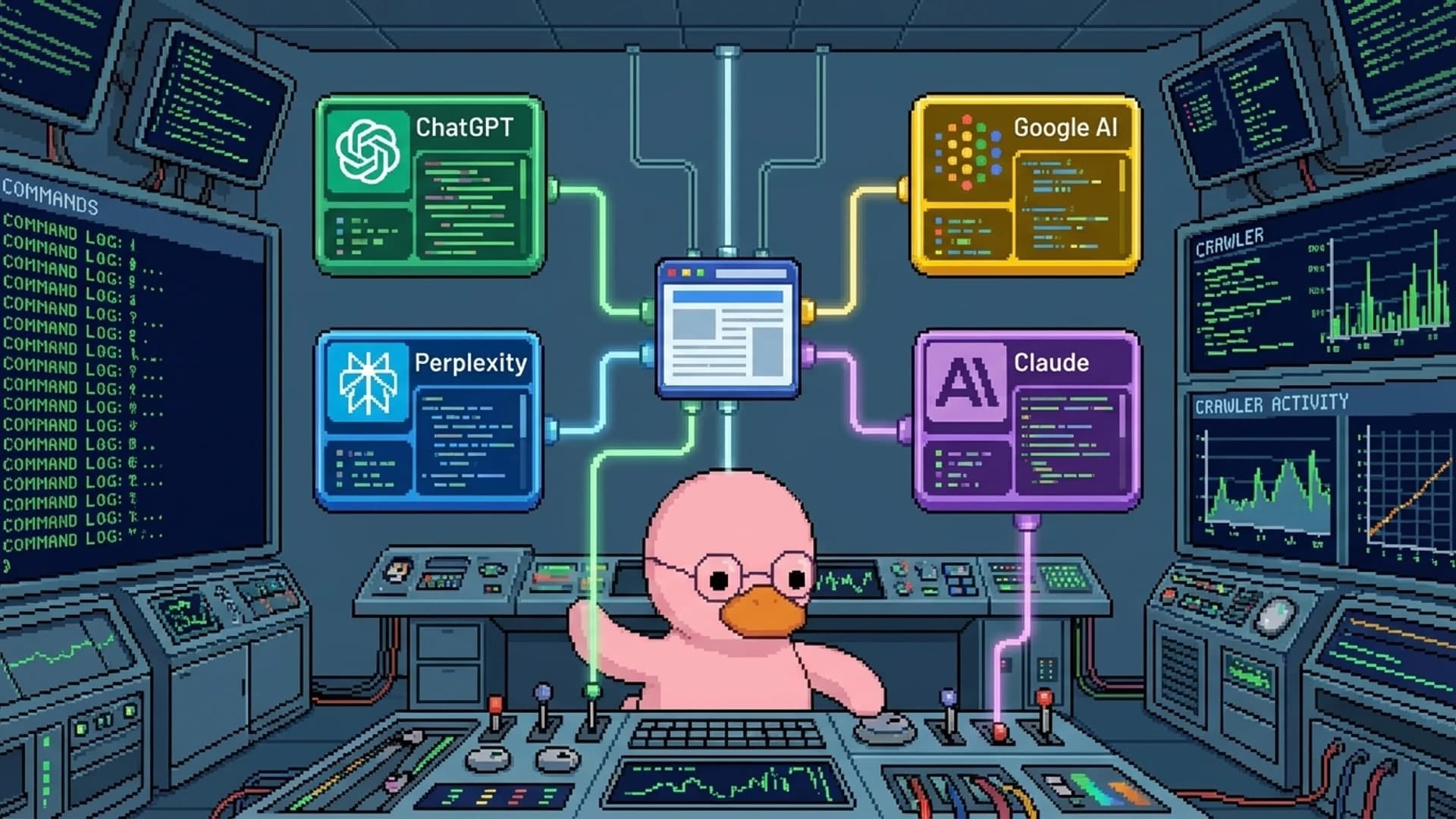 Duck at a control panel managing connections between a website and multiple AI search engines