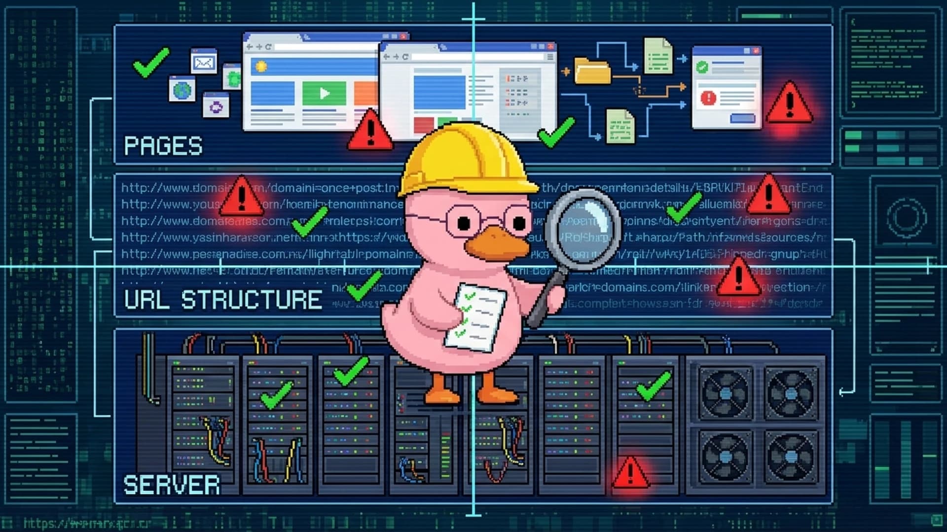 Duck wearing a hard hat inspecting website infrastructure with a checklist and magnifying glass