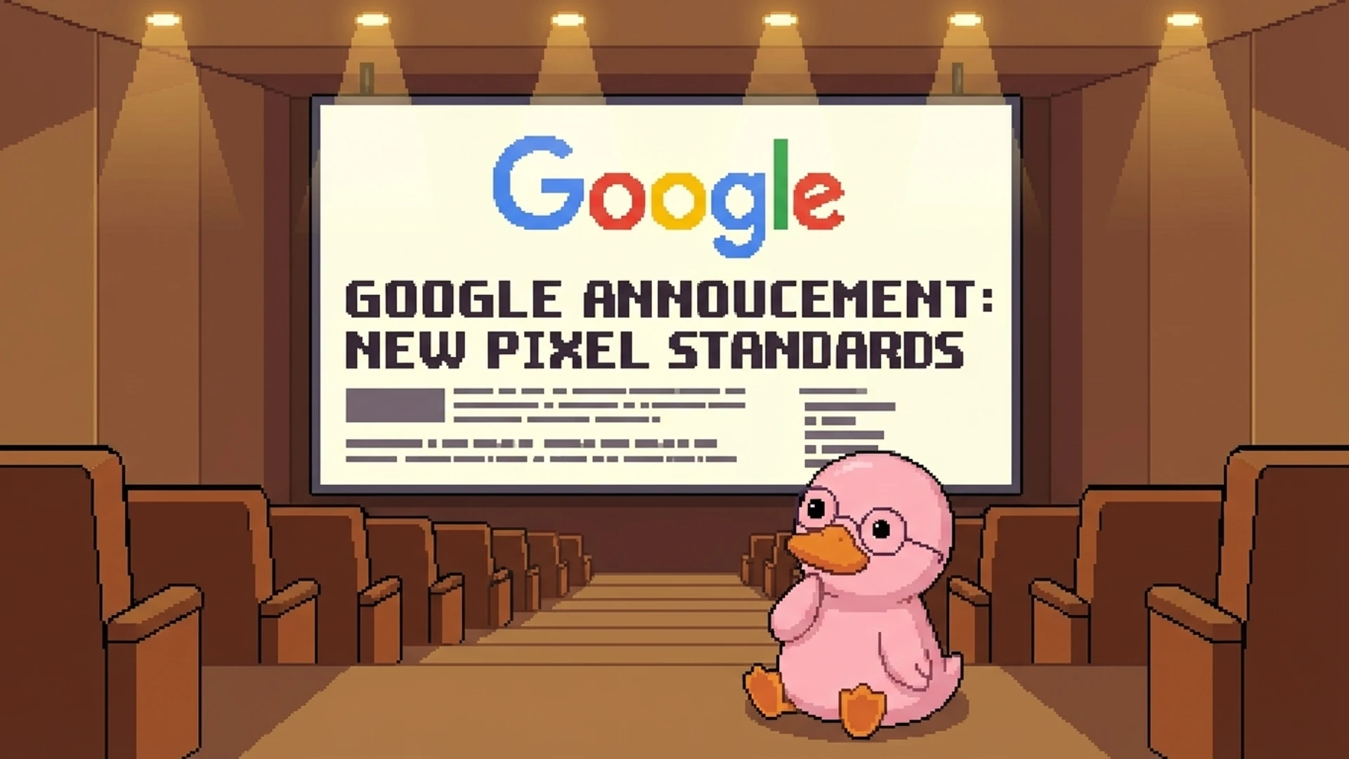 Duck reading a Google announcement on a giant screen with a thoughtful expression