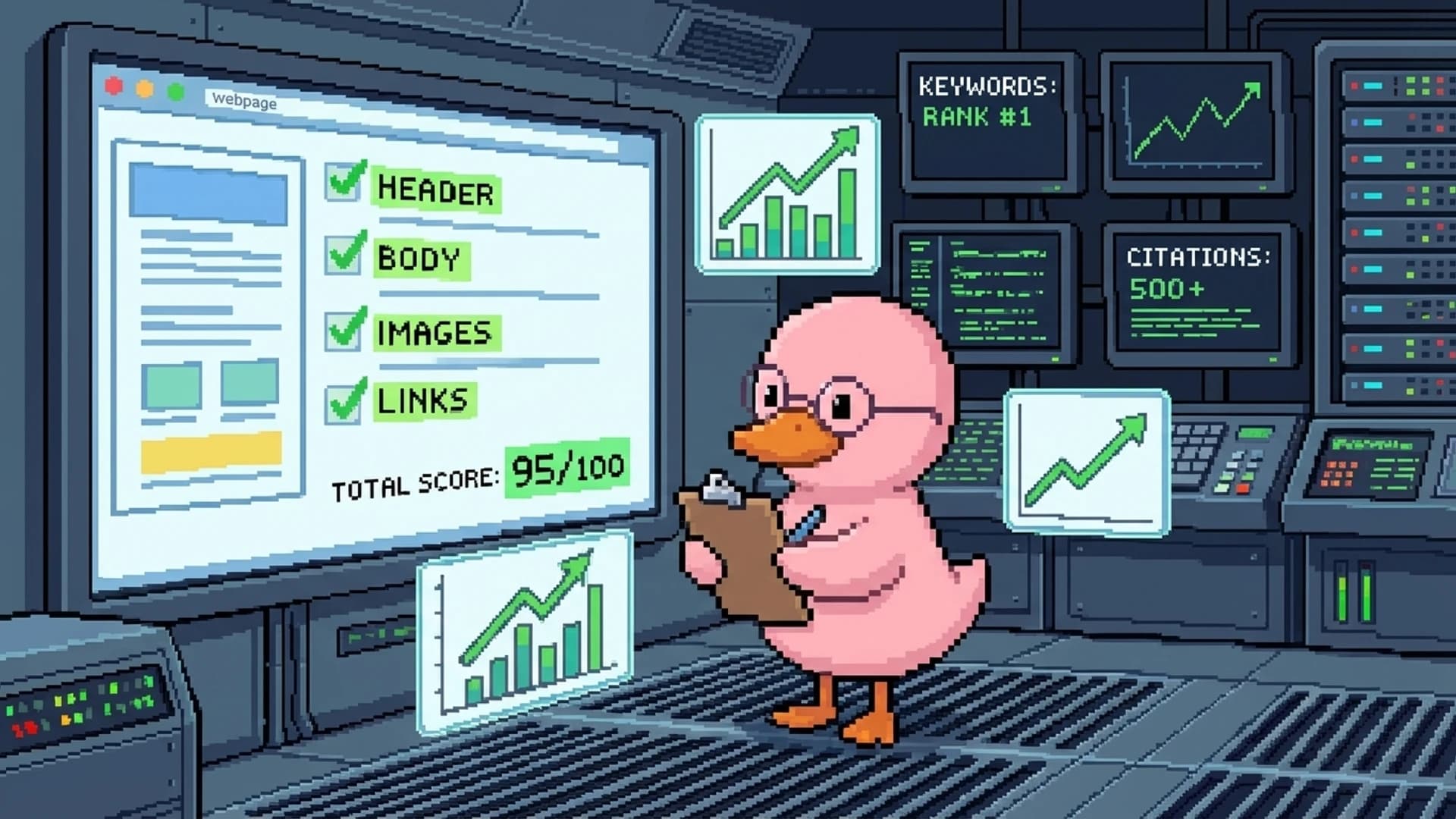 Duck with a checklist reviewing content on a large screen surrounded by data charts