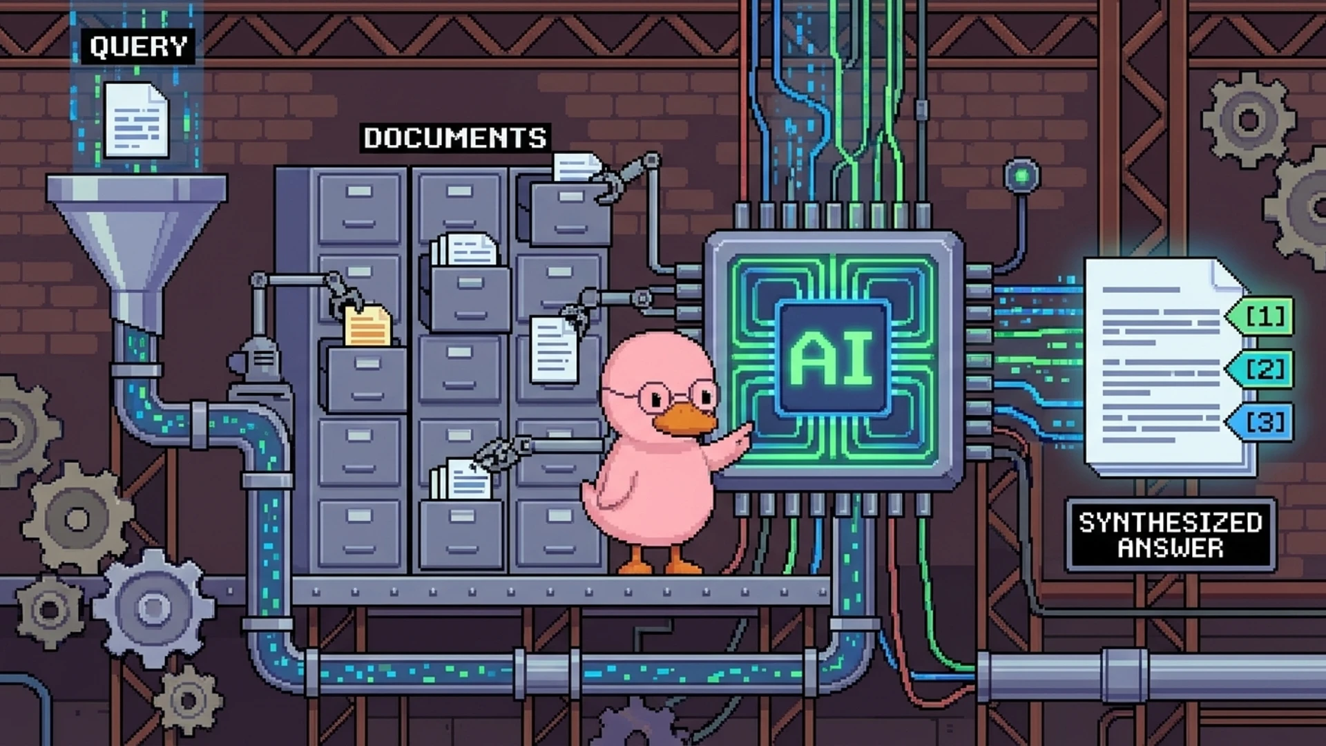 Diagram showing retrieval augmented generation pipeline from query to cited answer