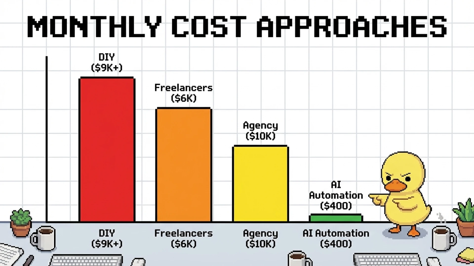 Bar chart comparing monthly costs of DIY freelancer agency and AI automation approaches