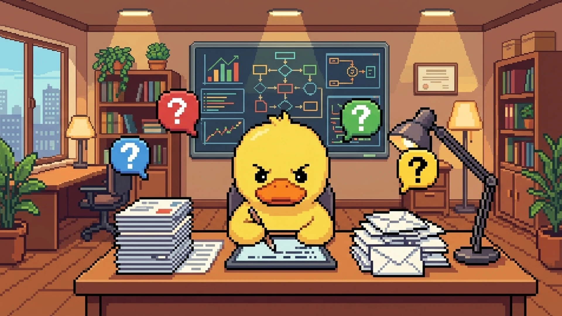 Duck with glasses at a desk answering questions about SEO automation with charts behind