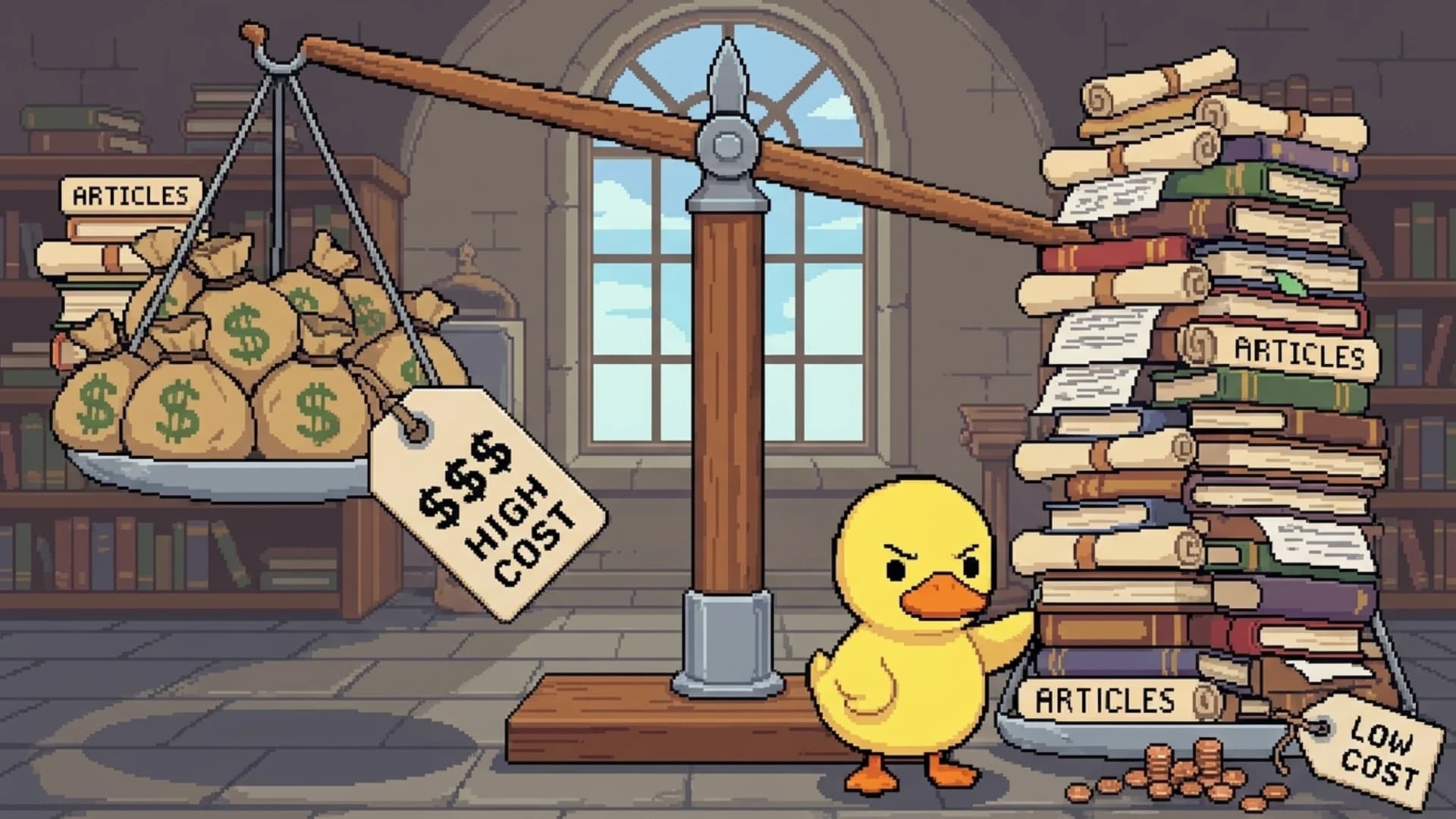 Dramatic balance scale comparing expensive agency output versus cheap massive AI pipeline output