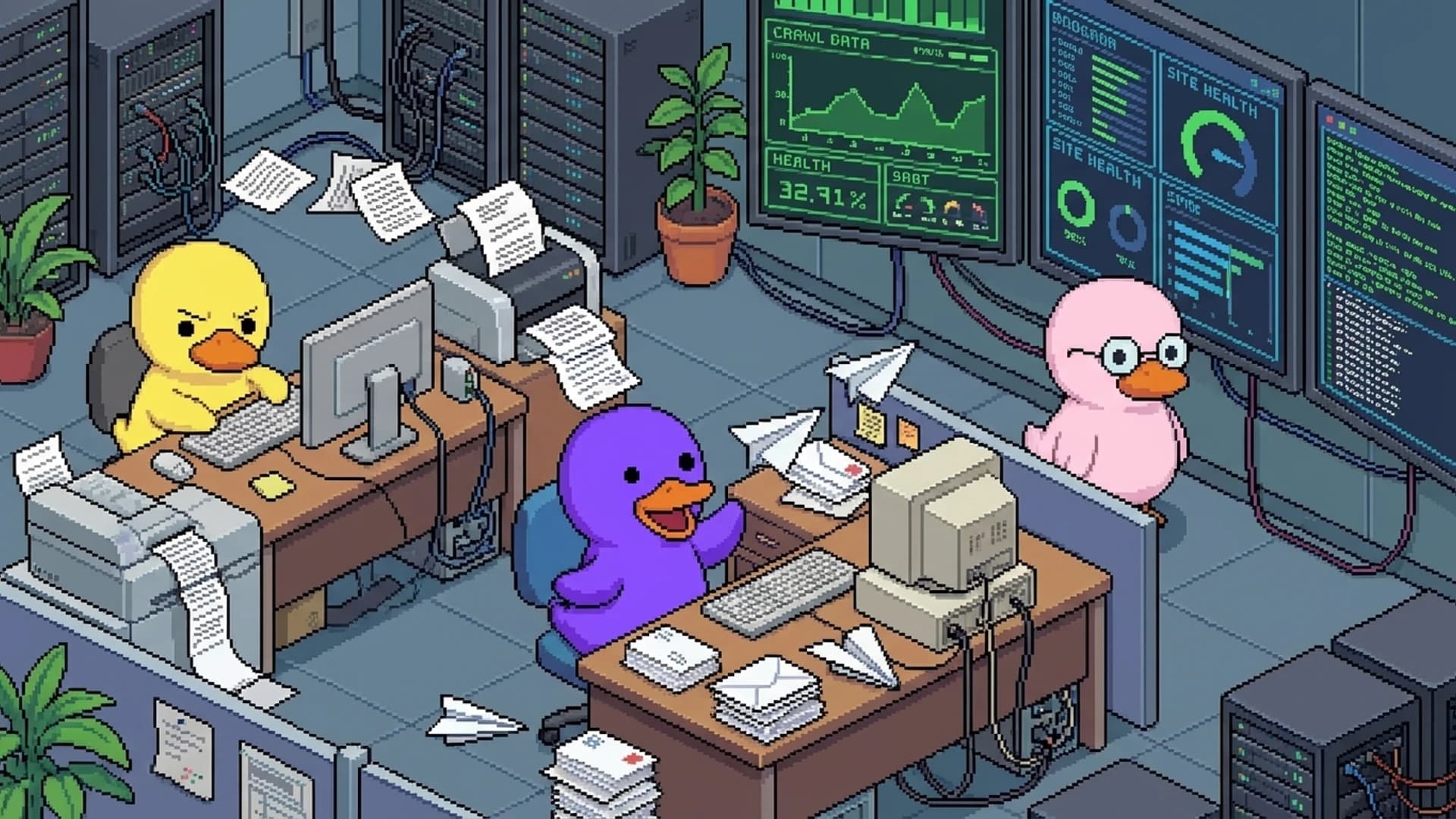 Three specialized ducks working together as a coordinated team handling content outreach and technical SEO