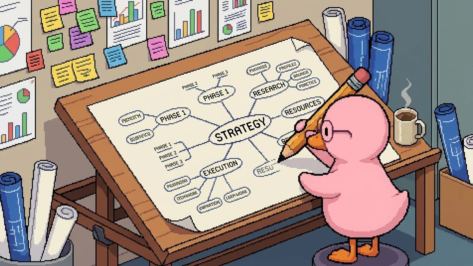 Duck at a drafting table drawing an elaborate mind map in a war room with blueprints and sticky notes