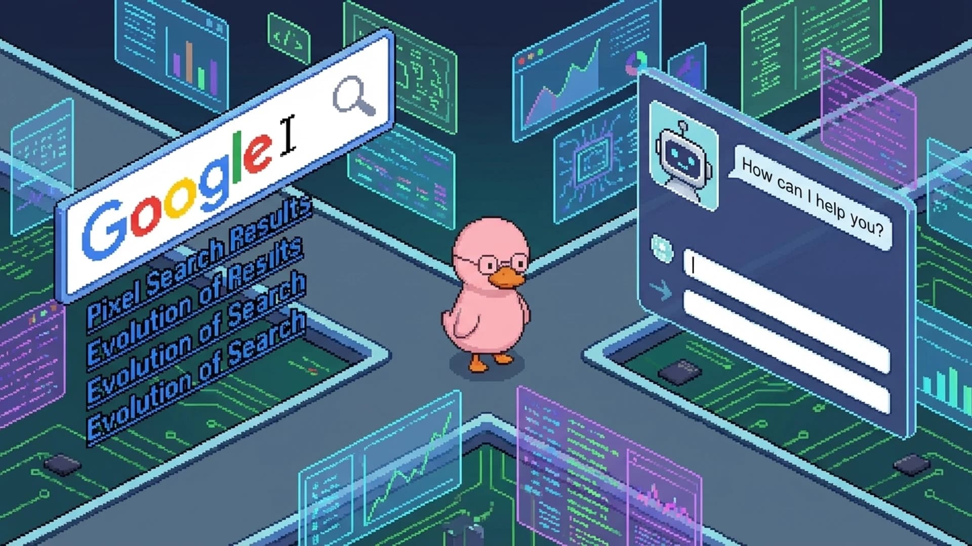 Duck at a crossroads between traditional Google search and futuristic AI chat interfaces