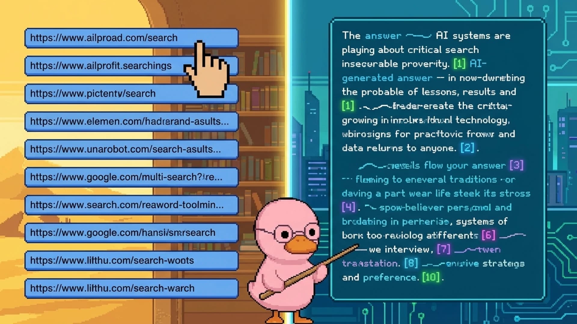 Split screen showing traditional search results on one side and AI-generated answers on the other