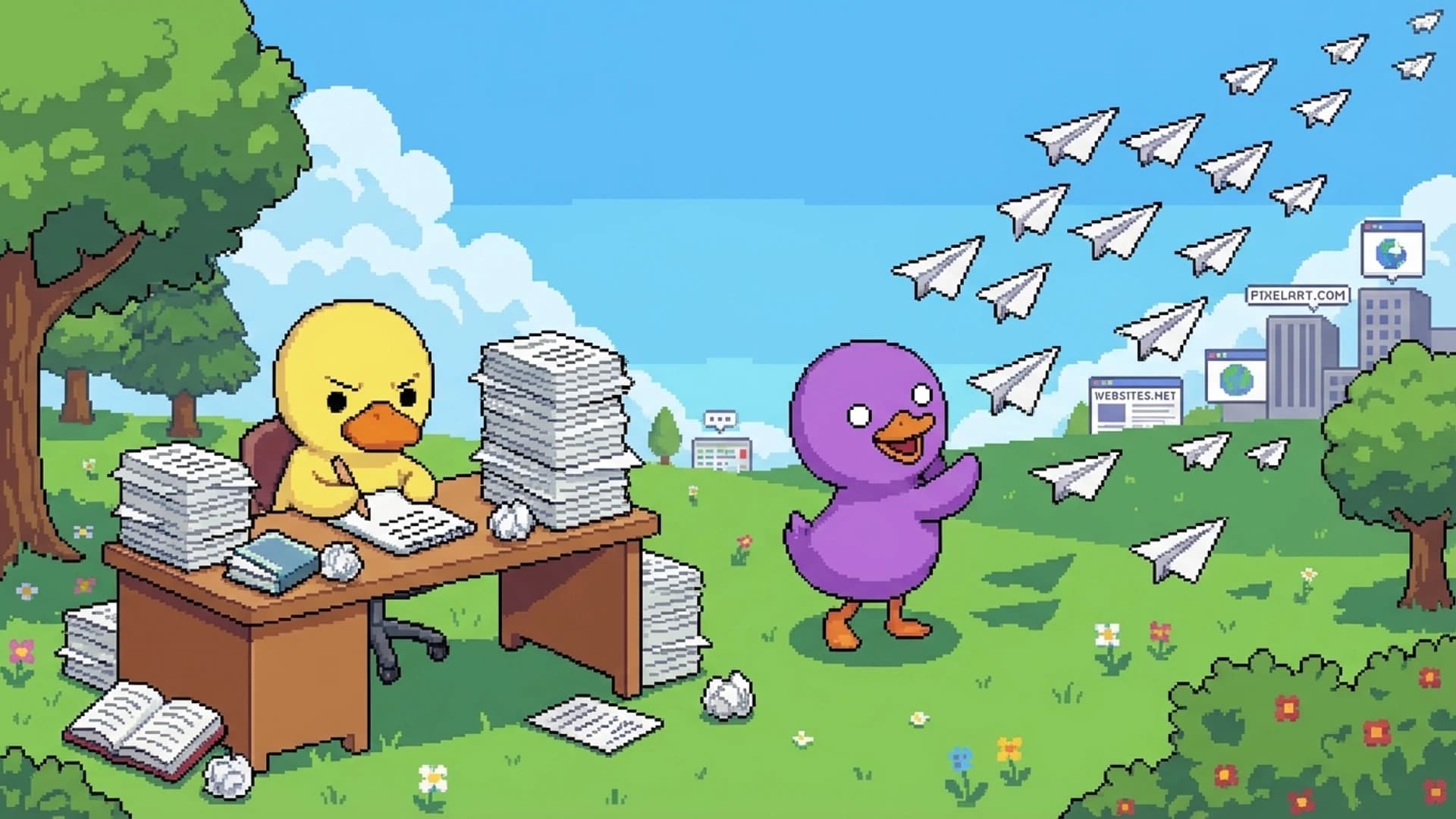 Yellow duck writing intensely while purple duck launches paper airplanes toward buildings on the horizon