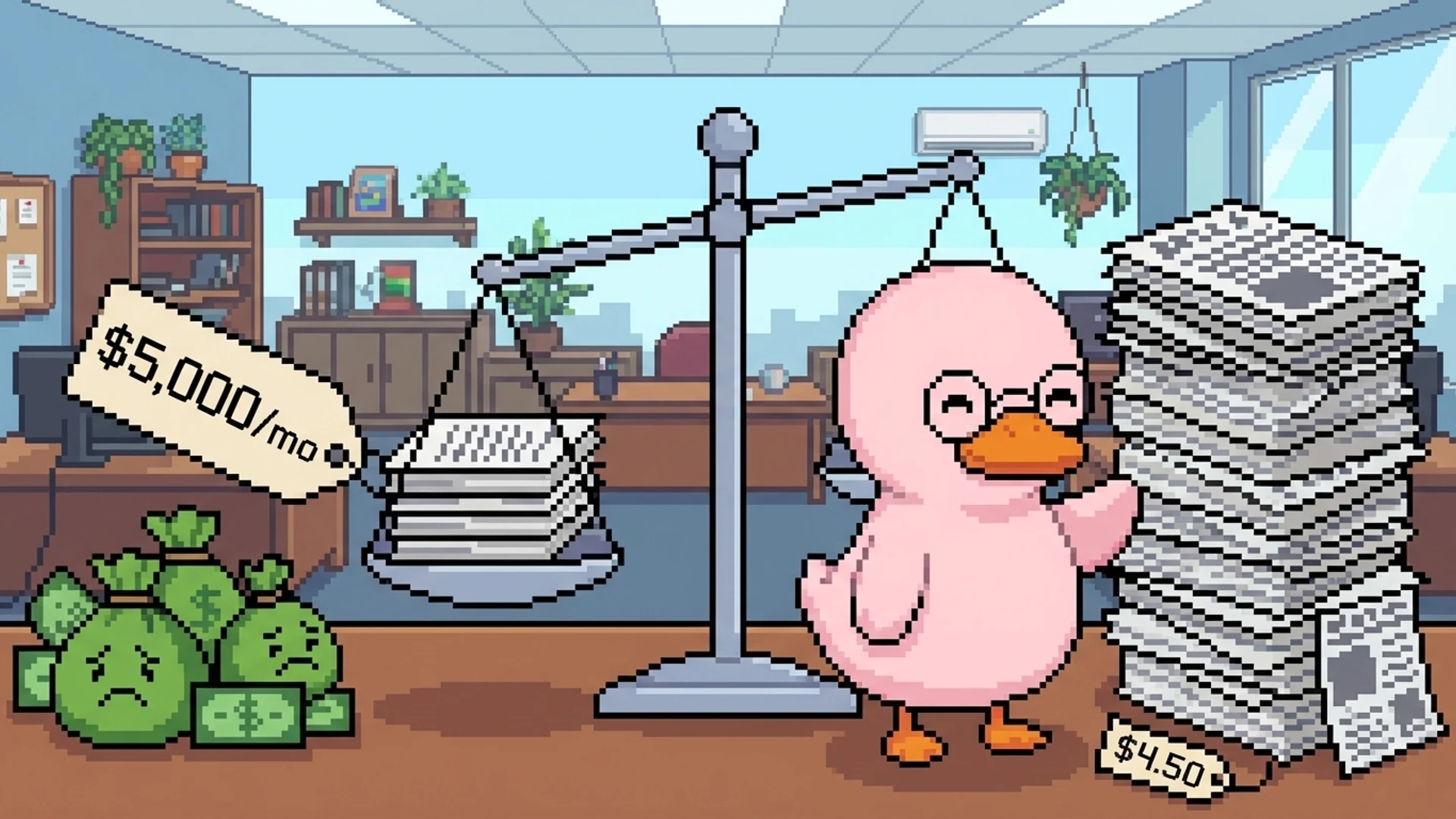 Dramatic comparison of expensive small output versus cheap massive output with a balance scale