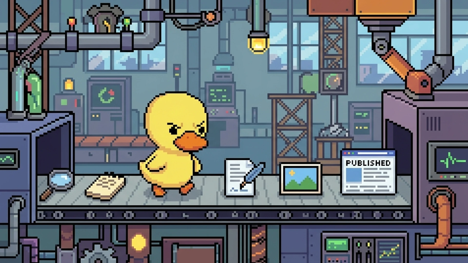 Duck overseeing a factory assembly line converting research into published articles