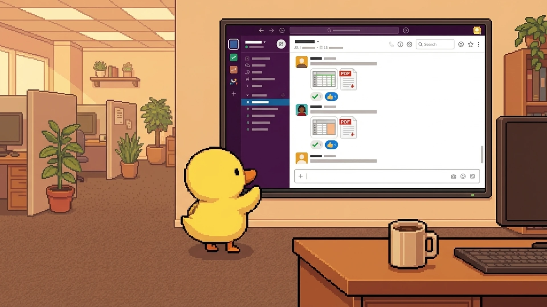 Duck presenting a report on a large Slack chat screen and waiting for approval