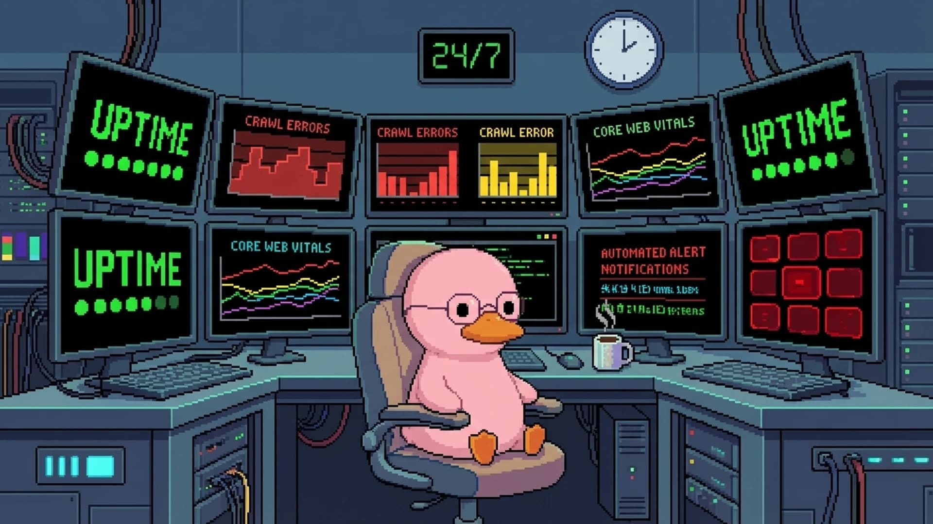 Duck at a monitoring station with real-time dashboards tracking website health metrics around the clock