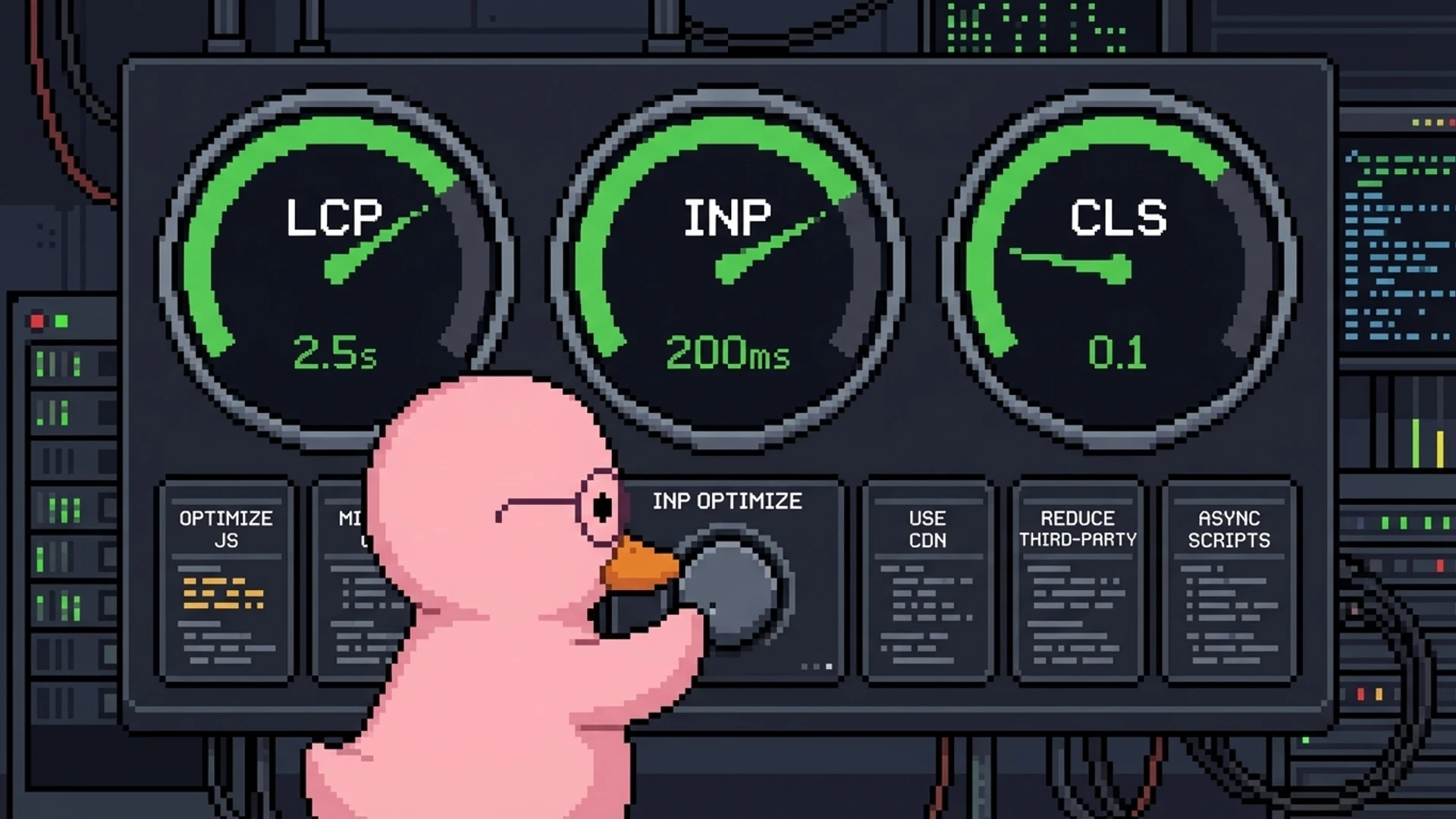 Dashboard showing LCP, INP, and CLS metrics with green passing scores and optimization tips