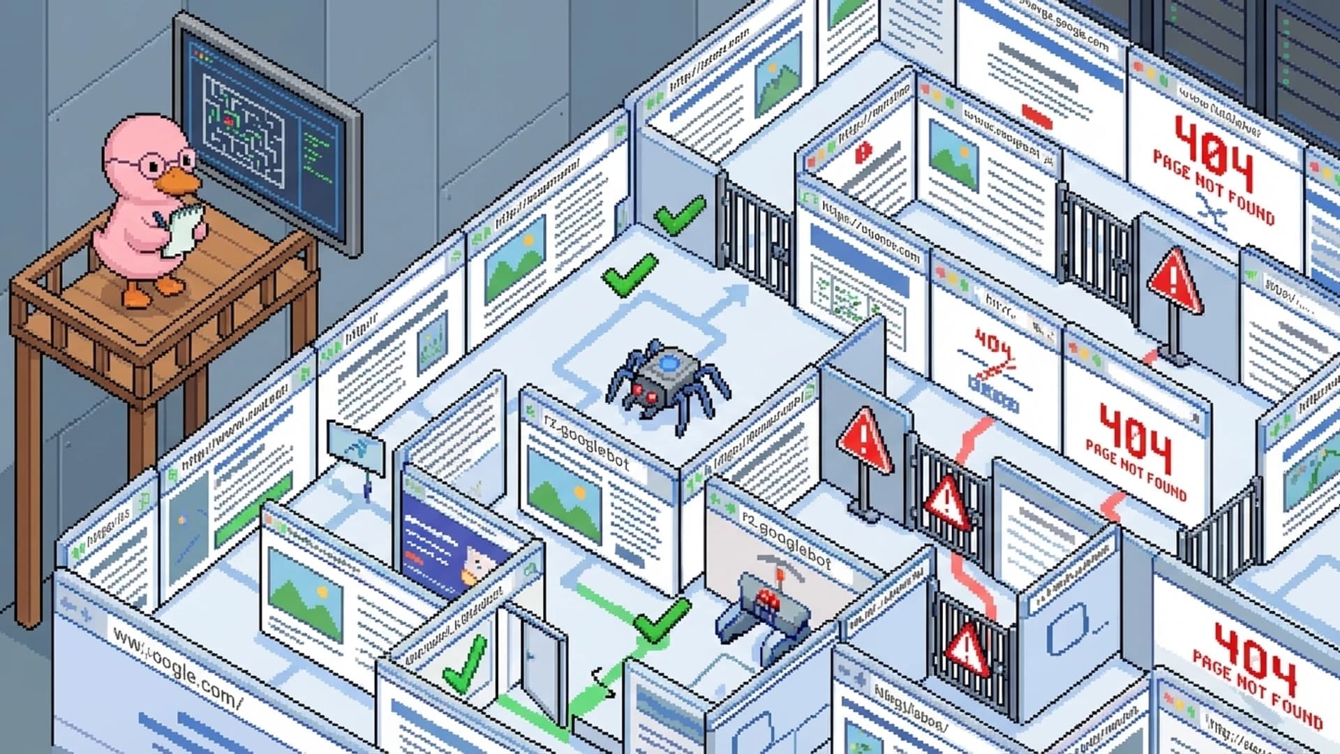 Googlebot spider navigating a maze of website pages with green checkmarks and red warning signs