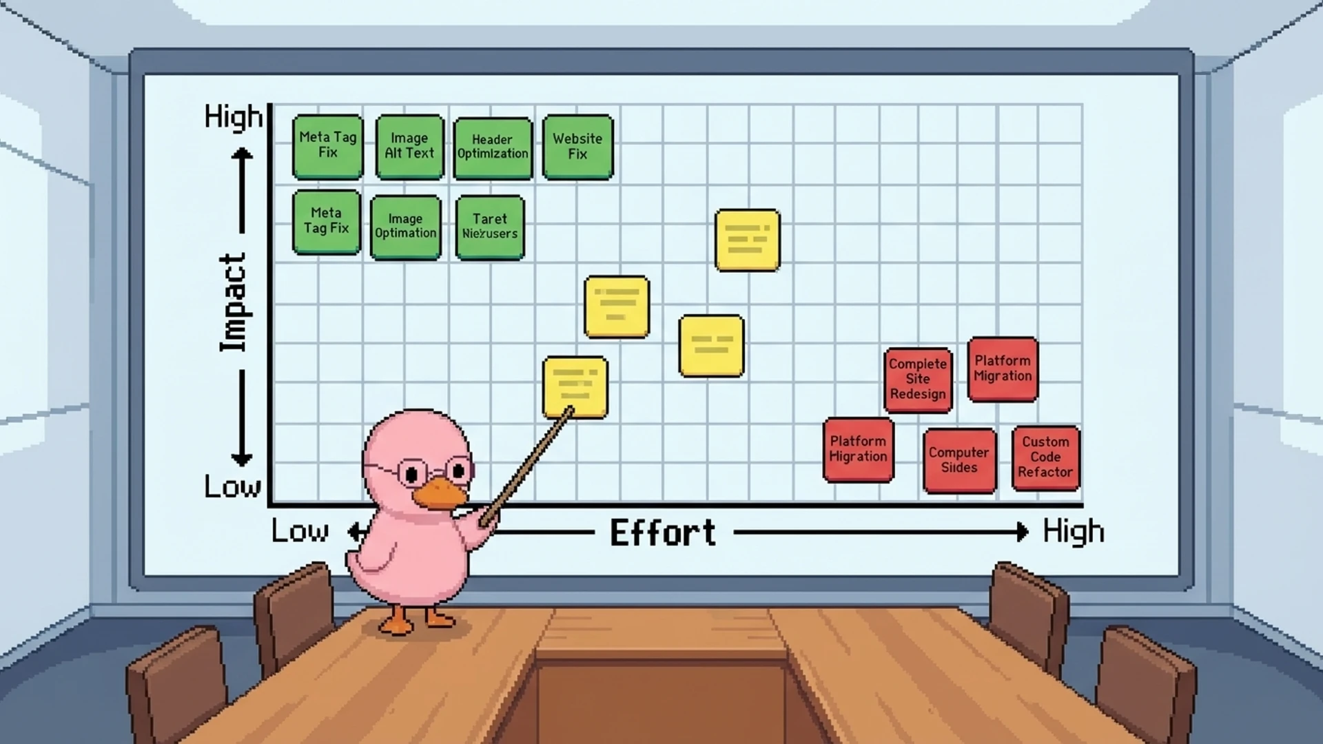 Priority matrix grid showing technical SEO fixes plotted by impact versus effort with color coding