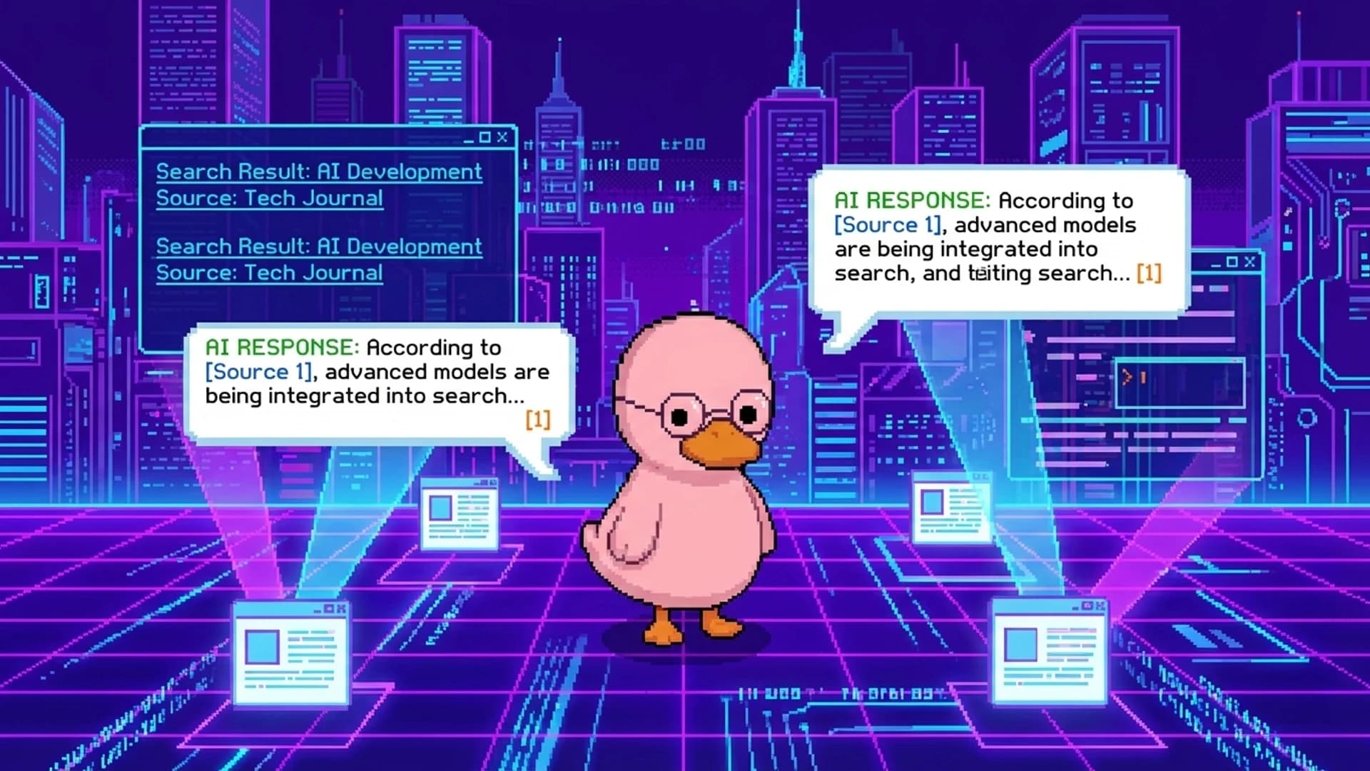 Duck surrounded by floating AI chat bubbles and citation links in a futuristic search environment