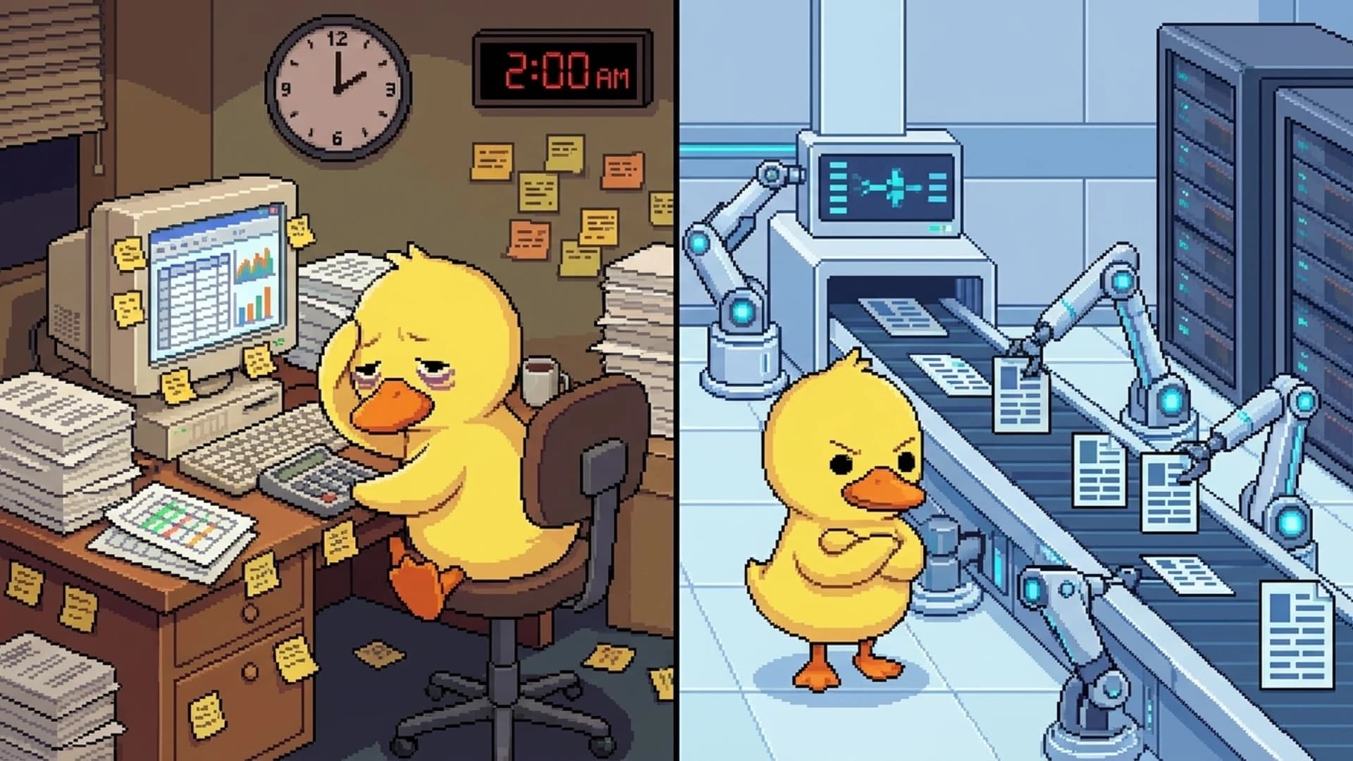 Split scene showing tedious manual SEO tasks on one side and automated agent pipeline on the other